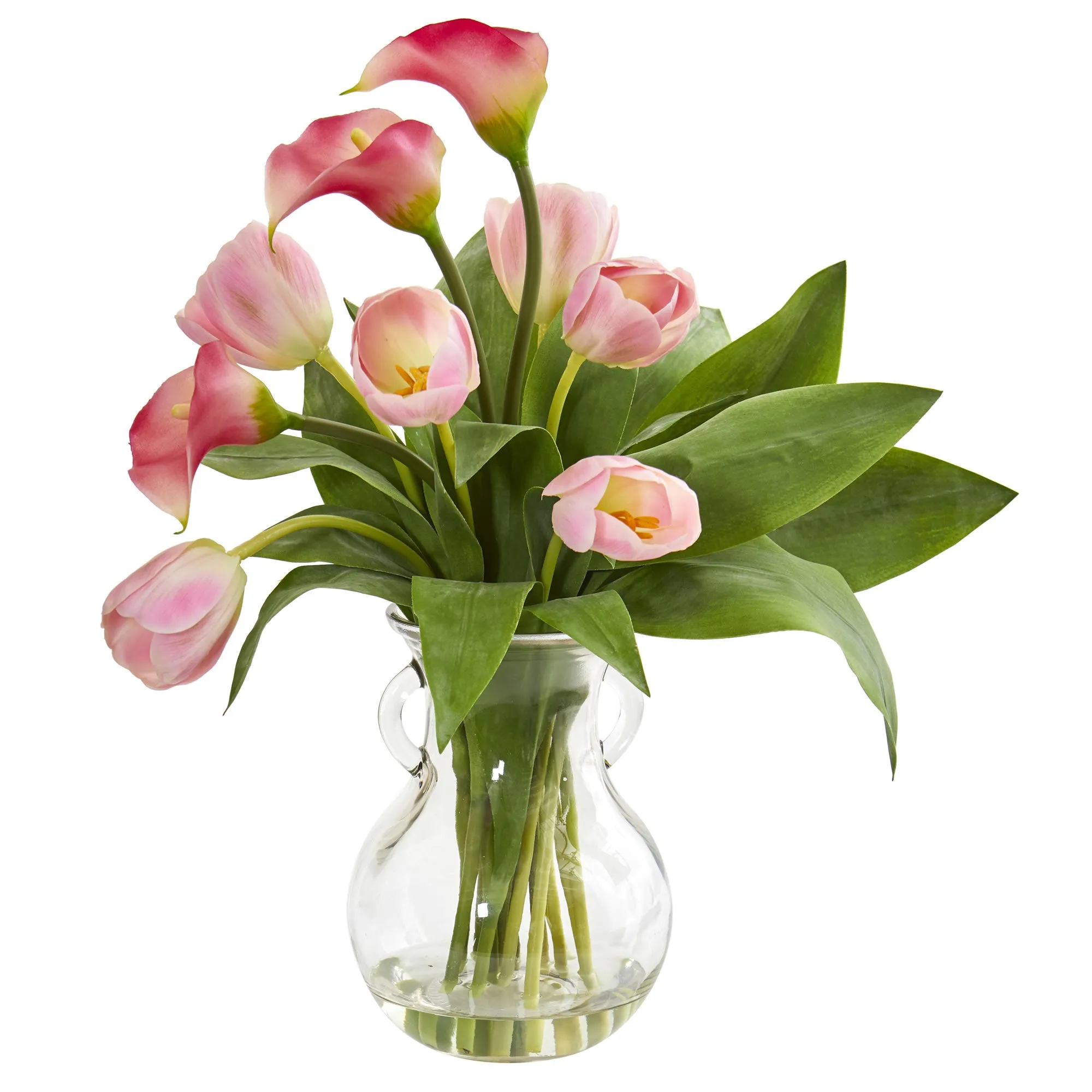 19" Artificial Calla Lily & Tulips Arrangement in Decorative Vase - Low Maintenance, Life-Like & Vibrant Silk Flowers For Busy People.