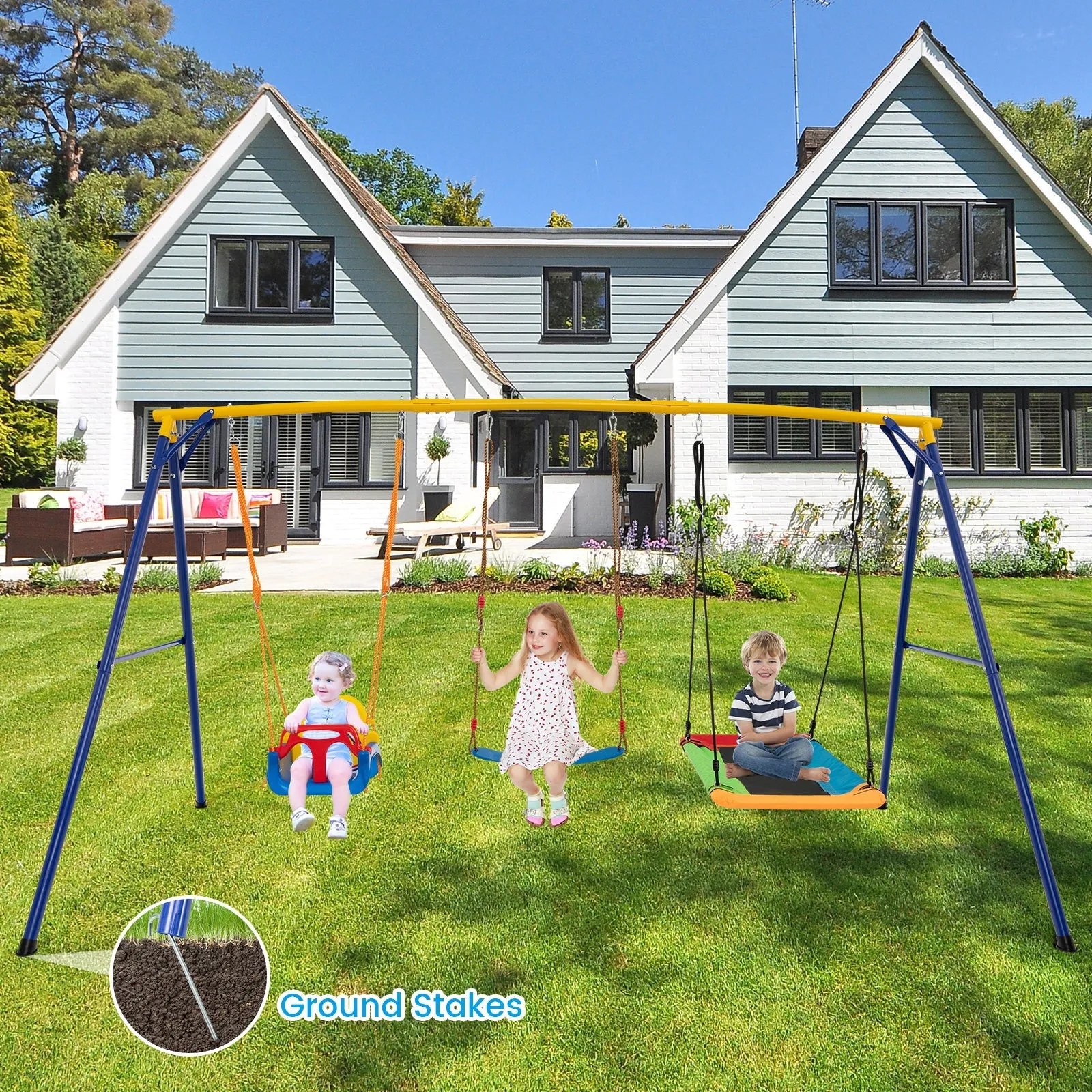 300 kg Indoor Outdoor Swing Set Carbon Steel Swing Frame-Blue &amp; Yellow