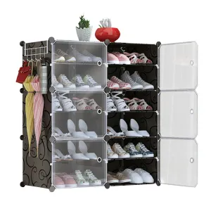 6-Tier 2-Row Shoe Rack Organizer Stackable Free Standing Shoe Storage Shelf Plastic Shoe Cabinet Tower with Transparent Doors for Heels Boots Slippers - Black