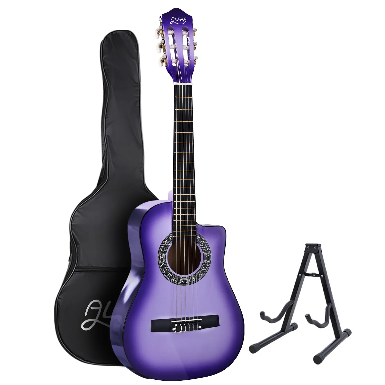 Alpha 34" Inch Guitar Classical Acoustic Cutaway Wooden Ideal Kids Gift Children 1/2 Size Purple with Capo Tuner