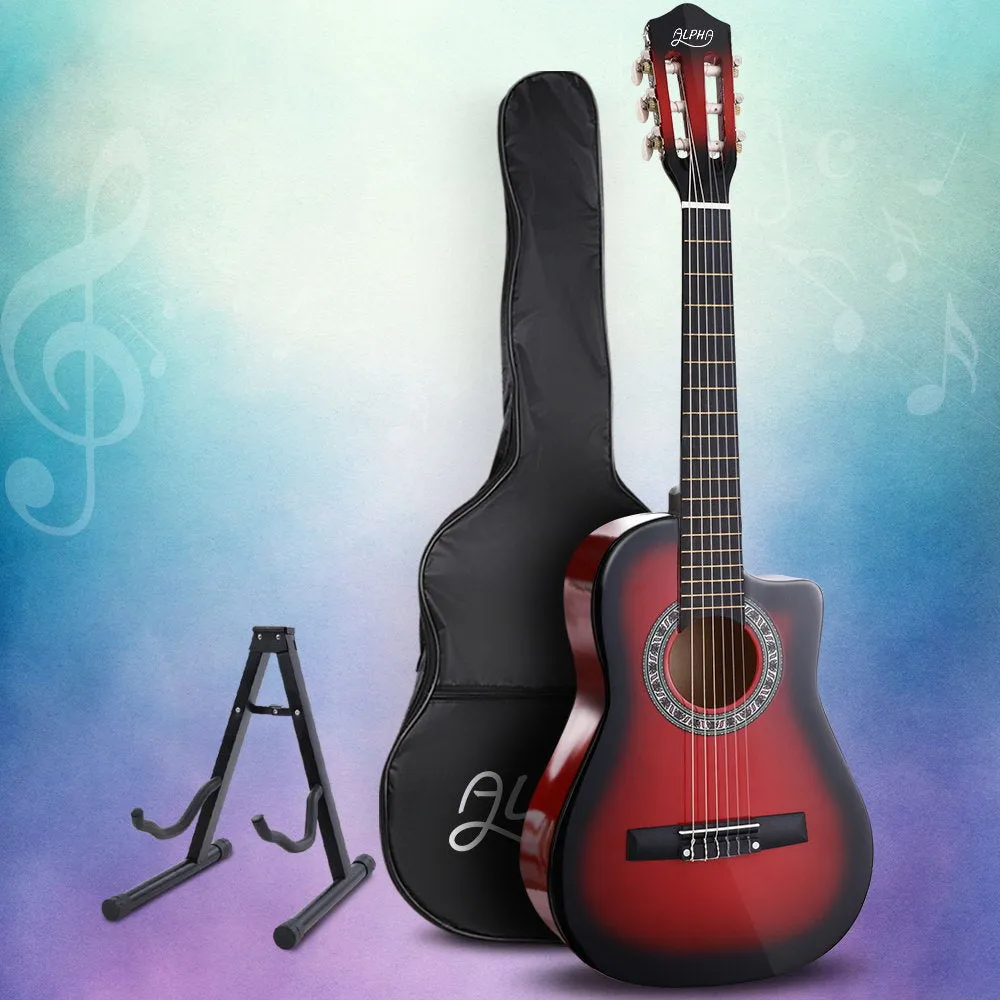 Alpha 34" Inch Guitar Classical Acoustic Cutaway Wooden Ideal Kids Gift Children 1/2 Size Red with Capo Tuner