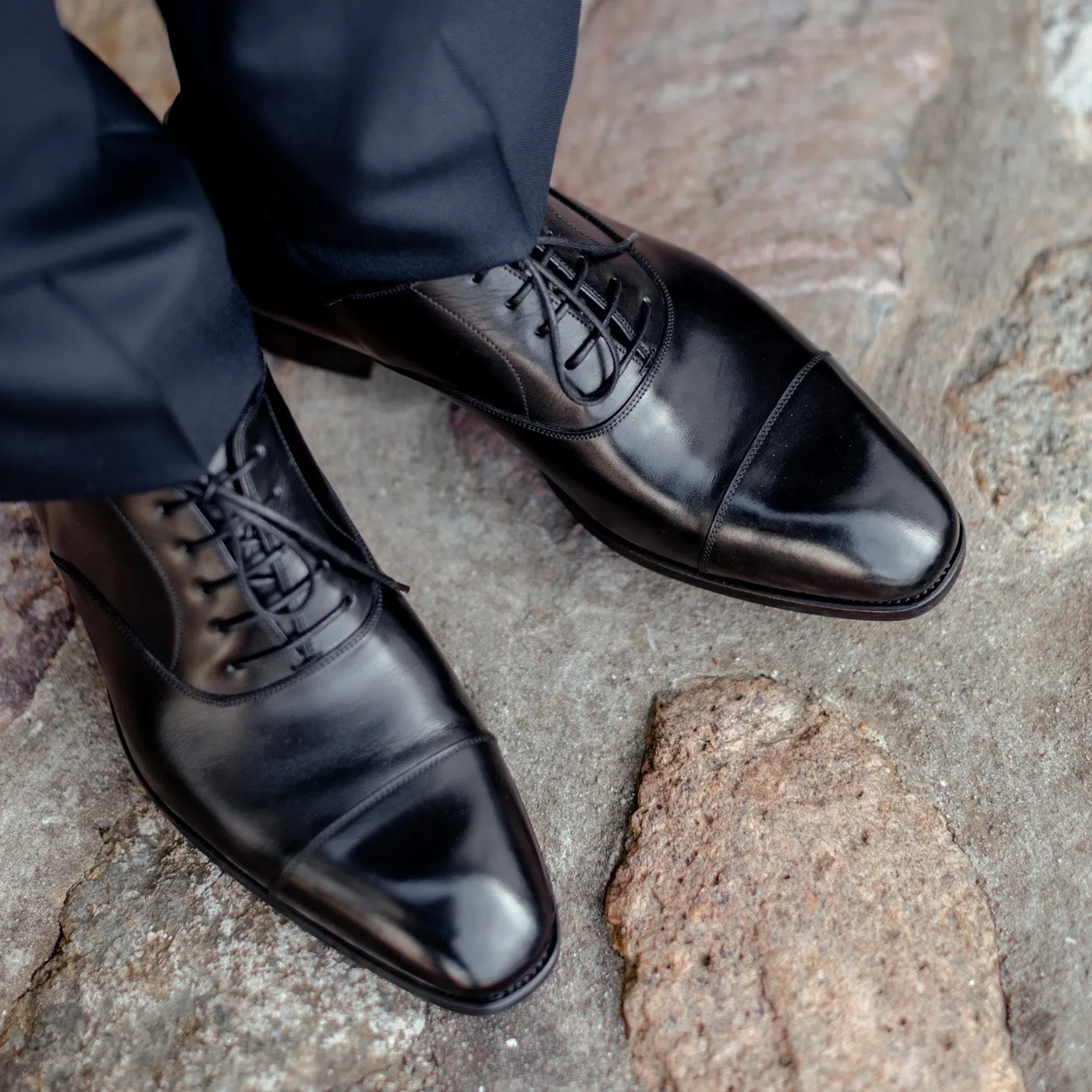 Black Calf Leather Captoe Rain Oxford Shoes