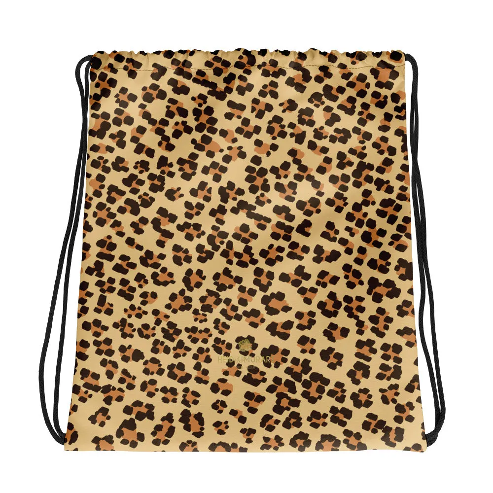 Brown Leopard Drawstring Bag, Animal Print Designer 15”x17” Bag For Travel- Made in USA/EU