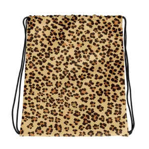 Brown Leopard Drawstring Bag, Animal Print Designer 15”x17” Bag For Travel- Made in USA/EU