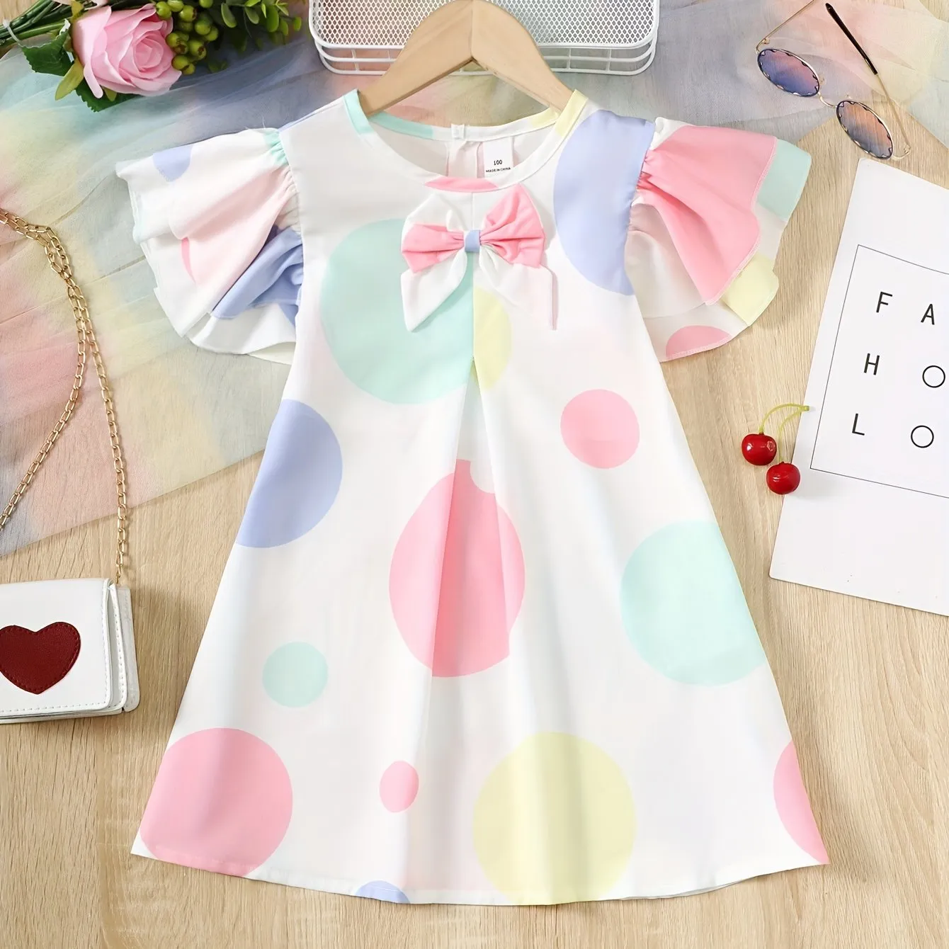 Charming Girls Polka Dot Flutter Sleeve Dress - Soft Summer Party Wear with Delicate Trim - Perfect Gift Idea