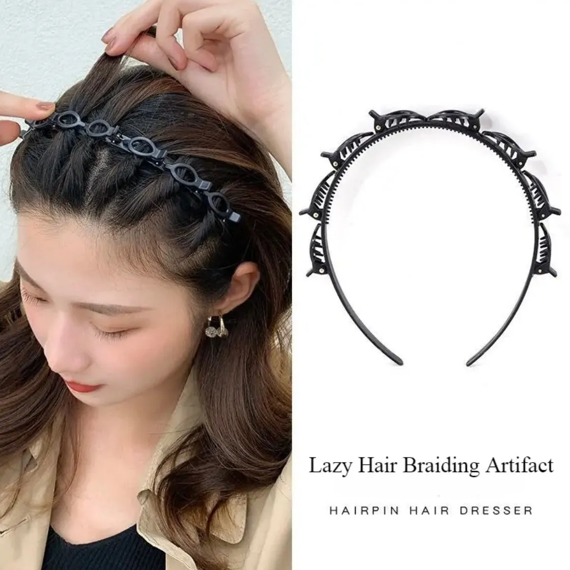 Chic Double-Layer Black Braided Headband Boho Style Resin Hair Clip Set