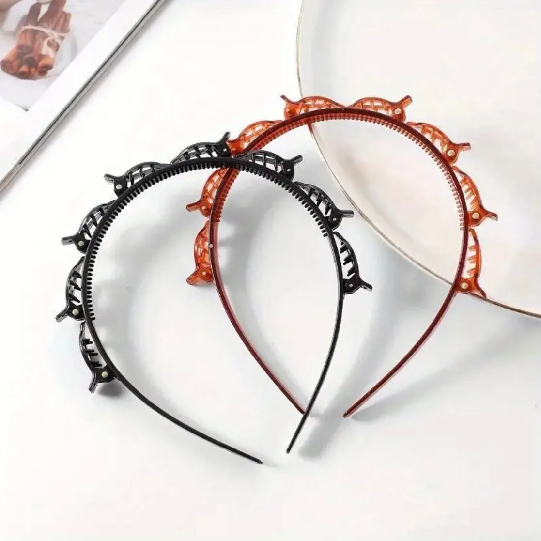 Chic Double-Layer Black Braided Headband Boho Style Resin Hair Clip Set