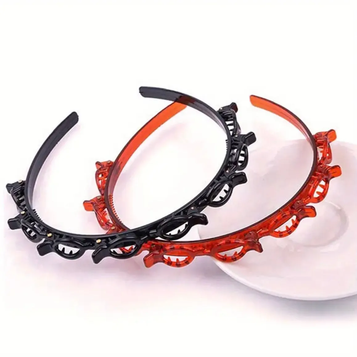 Chic Double-Layer Black Braided Headband Boho Style Resin Hair Clip Set