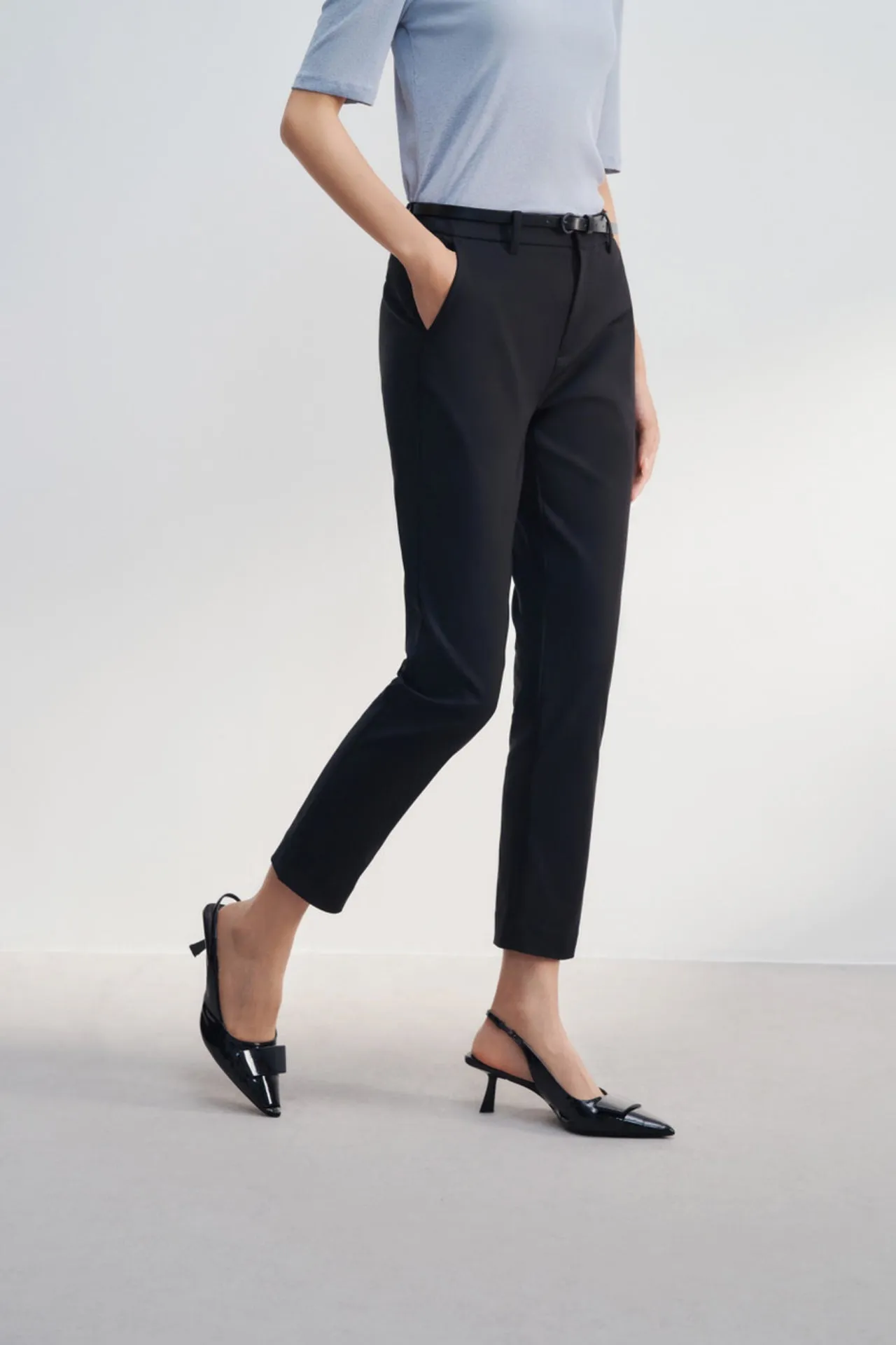 Cotton Blend Cropped Skinny Pants With Belt