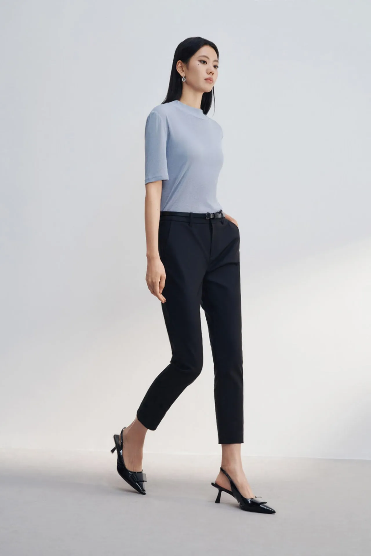 Cotton Blend Cropped Skinny Pants With Belt