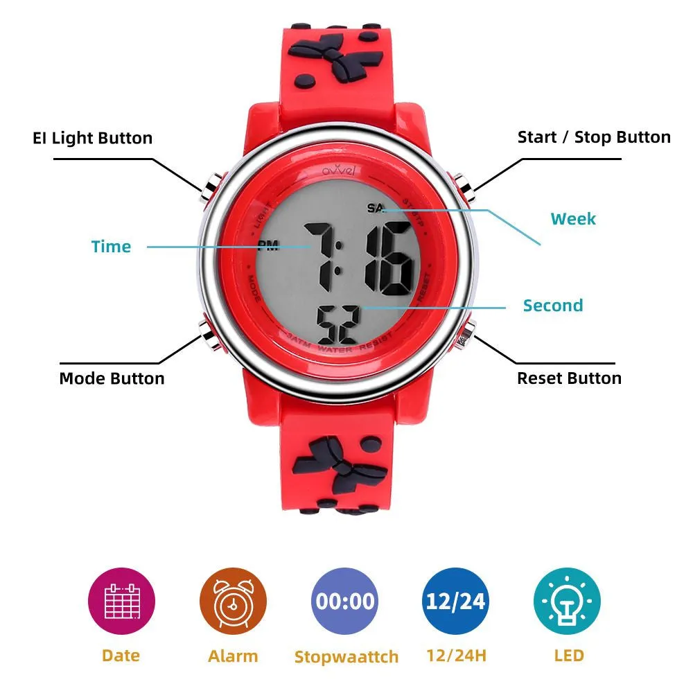 Girls Digital Sports Watch with many features - Red Band with Black Bows