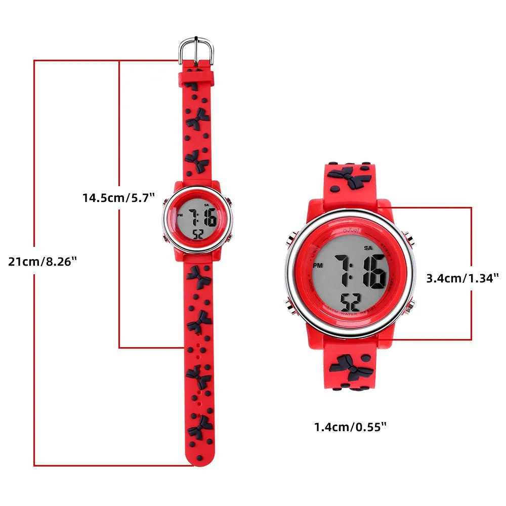 Girls Digital Sports Watch with many features - Red Band with Black Bows