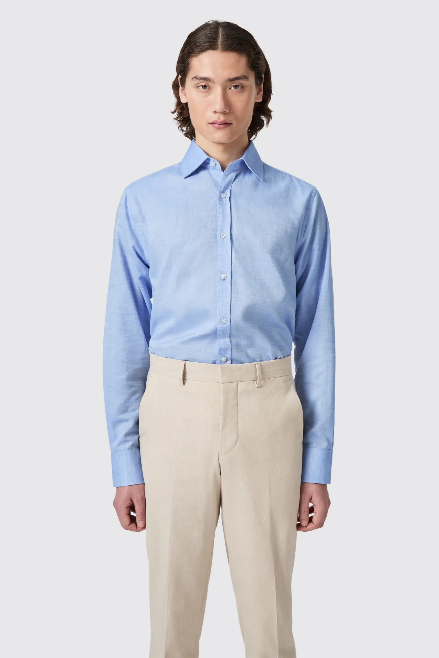 Grafton Slim Fit Spread Collar Blue Linen Shirt