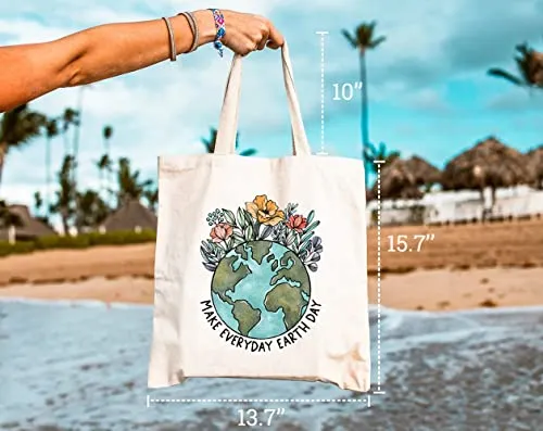 GXVUIS Make Everyday Earth Day Canvas Tote Bag for Women Aesthetic Eco-Friendly Reusable Grocery Shopping Bags Funny Gift White