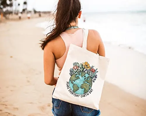 GXVUIS Make Everyday Earth Day Canvas Tote Bag for Women Aesthetic Eco-Friendly Reusable Grocery Shopping Bags Funny Gift White