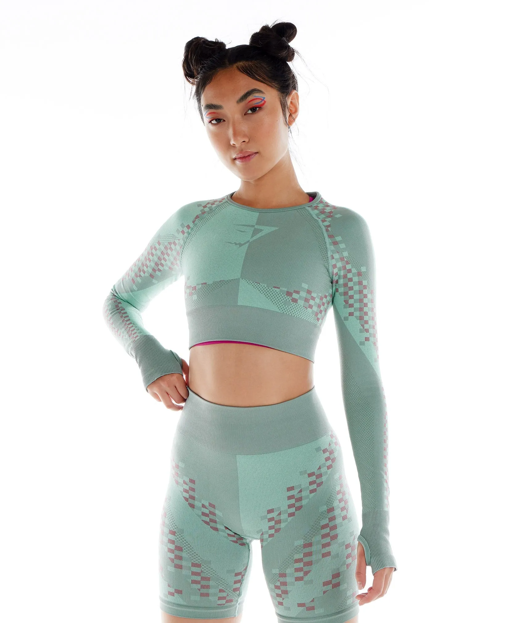 Gymshark Wtflex Cyborg Seamless Long Sleeve Crop Top - Maya Blue/Hibiscus Pink/Turbo Blue