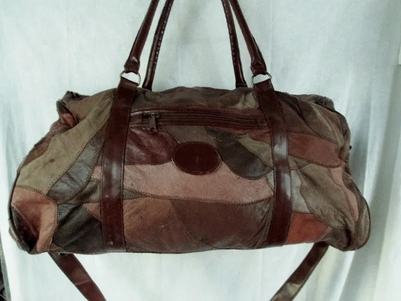 LA BAGODA Leather Patchwork Travel Carry-On Overnighter Gym Bag Messenger BROWN