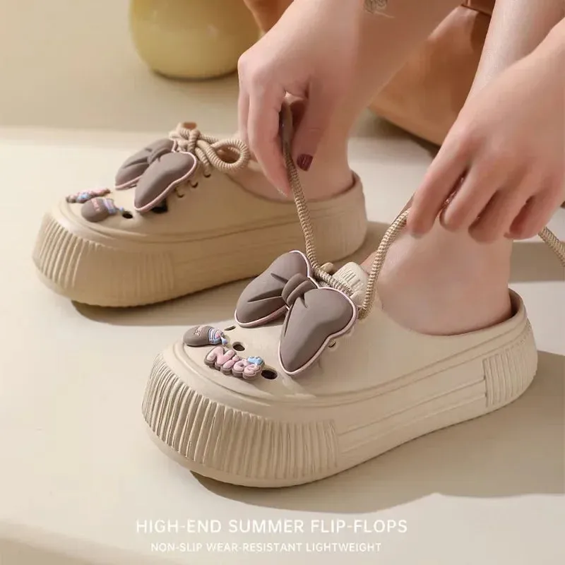 Lovely Bow Women Slippers Summer Feeling Outside Wear Eva Thick Soled Home Indoor Women Holes Shoes Sandals Beach Garden Shoes