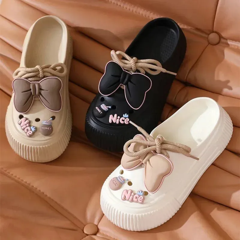 Lovely Bow Women Slippers Summer Feeling Outside Wear Eva Thick Soled Home Indoor Women Holes Shoes Sandals Beach Garden Shoes