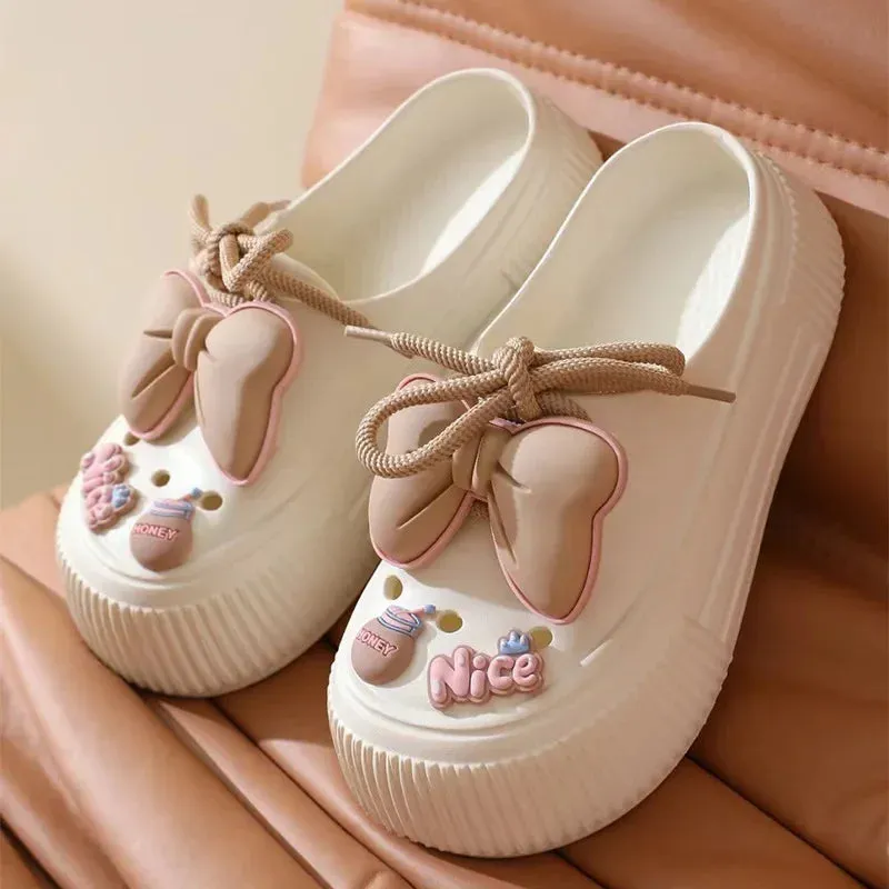 Lovely Bow Women Slippers Summer Feeling Outside Wear Eva Thick Soled Home Indoor Women Holes Shoes Sandals Beach Garden Shoes