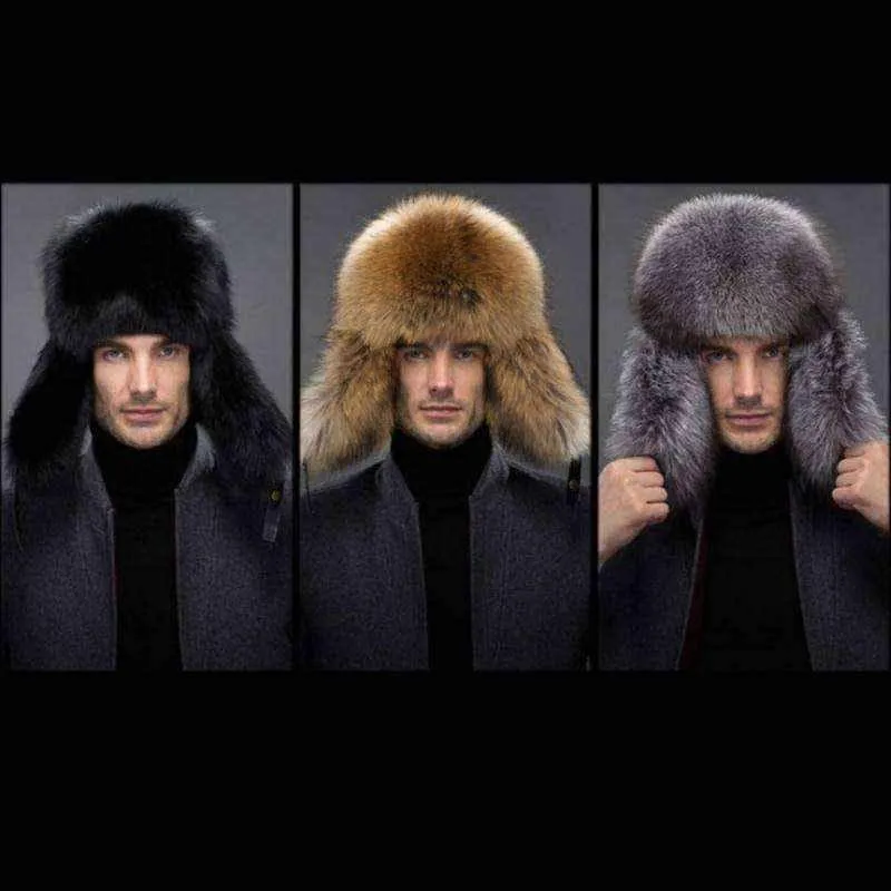 Mens winter hats -Winter Men Real Silver Fox with Leather