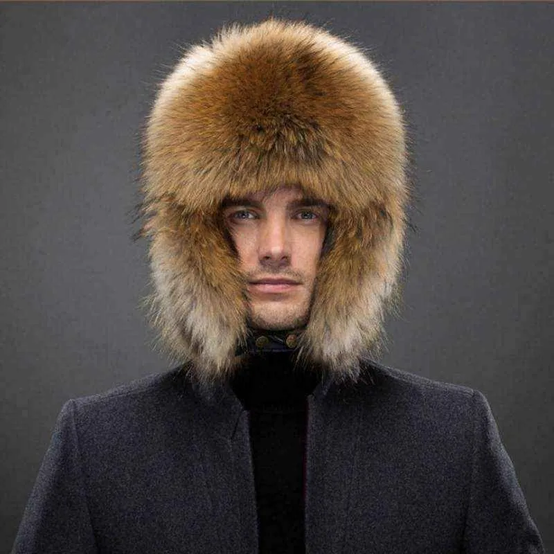 Mens winter hats -Winter Men Real Silver Fox with Leather