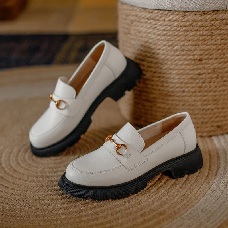 Pre Order:  Round Toe Thick Heel Leather Loafers