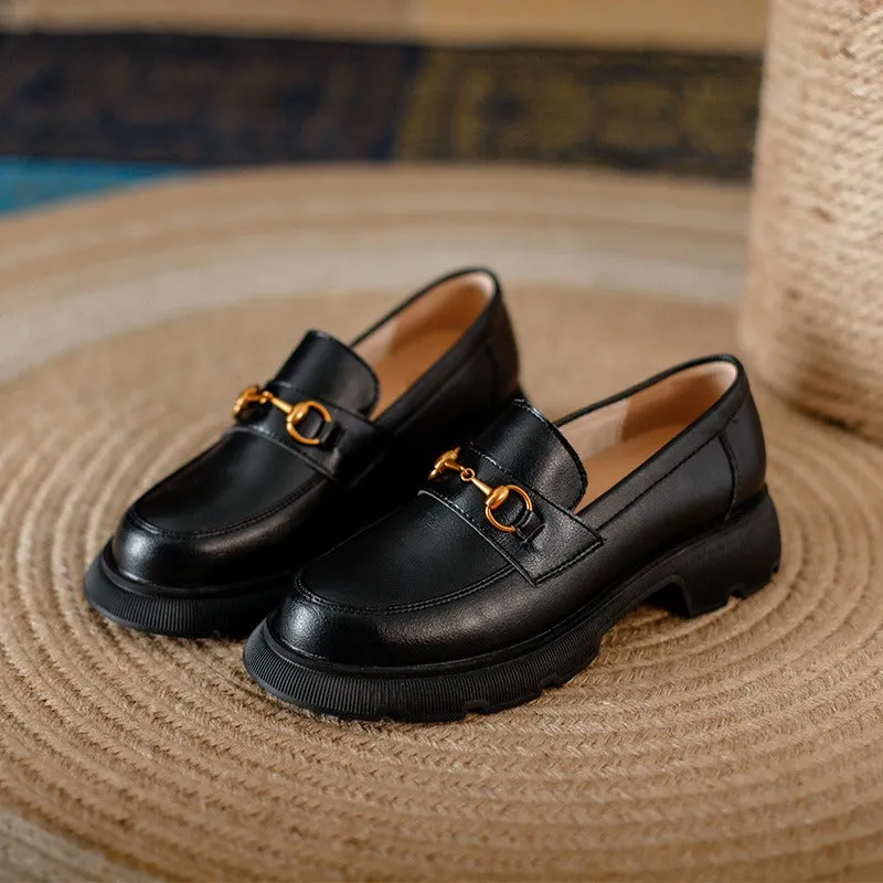 Pre Order:  Round Toe Thick Heel Leather Loafers