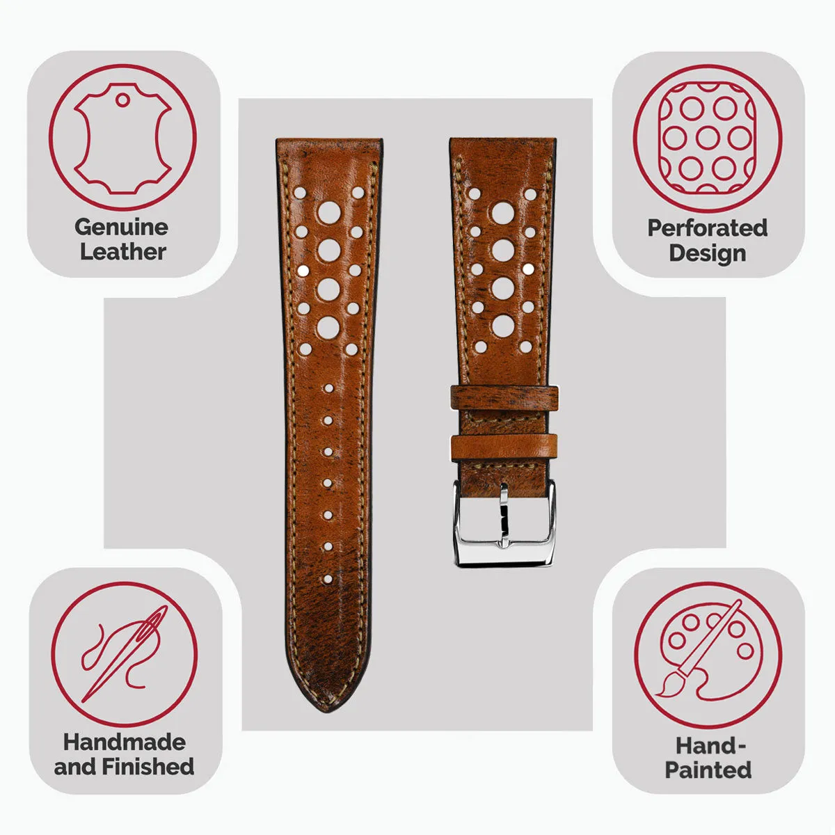 Radstock Racing Style Genuine Leather Watch Strap - Vintage Brown