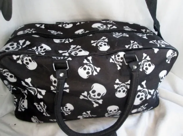 SKULL SKELETON SLEEPOVER Vegan Duffle Gym Bag Overnighter BLACK WHITE Travel