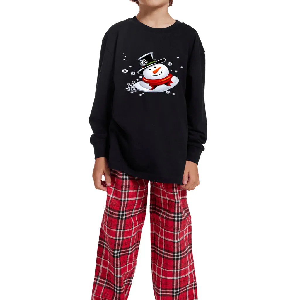 Snow Man's Delight Youth Long Sleeve Top and Flannel Christmas Pajama Set