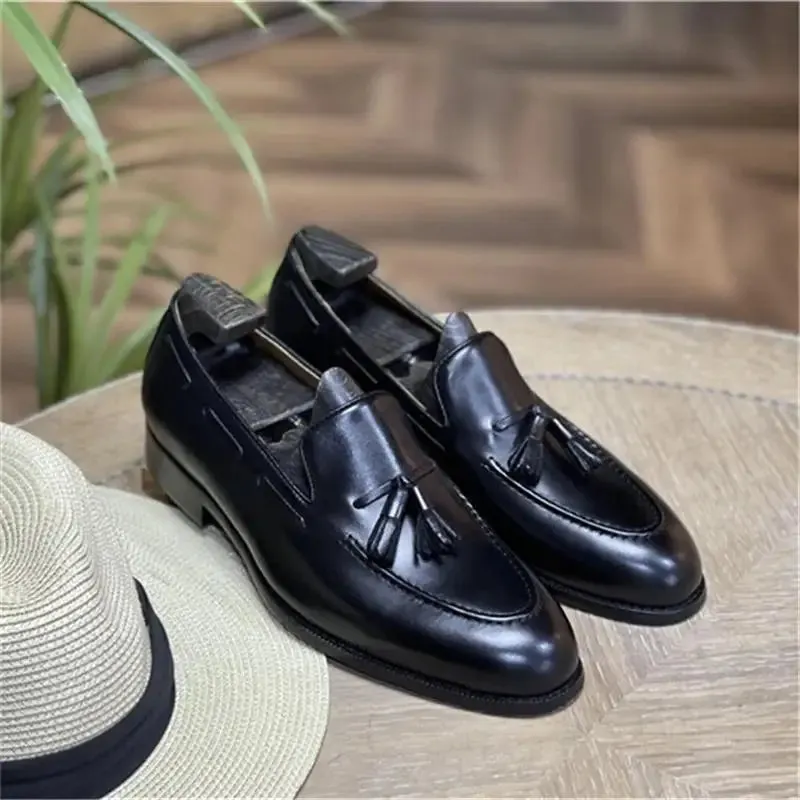 Solid Shiny Genuine Leather with Tassels Loafers