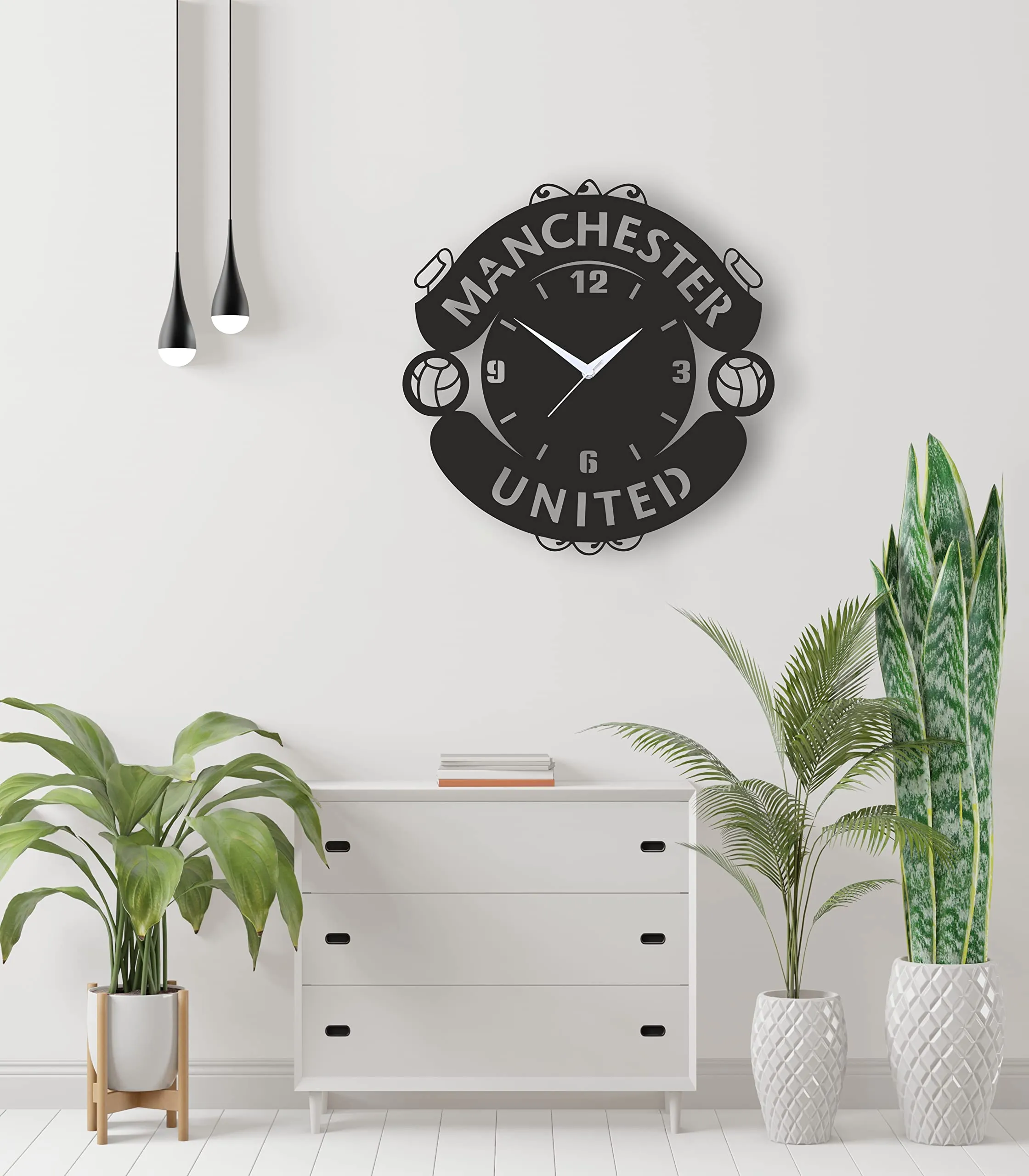 Startle Giftings Merchandise Gifts - Manchester Football Designer MDF Wooden Crest Wall Clock for Living Room, Bedroom, Hall, Kitchen or Offices. Black|GGMU MUFC United|12 * 12 Inch