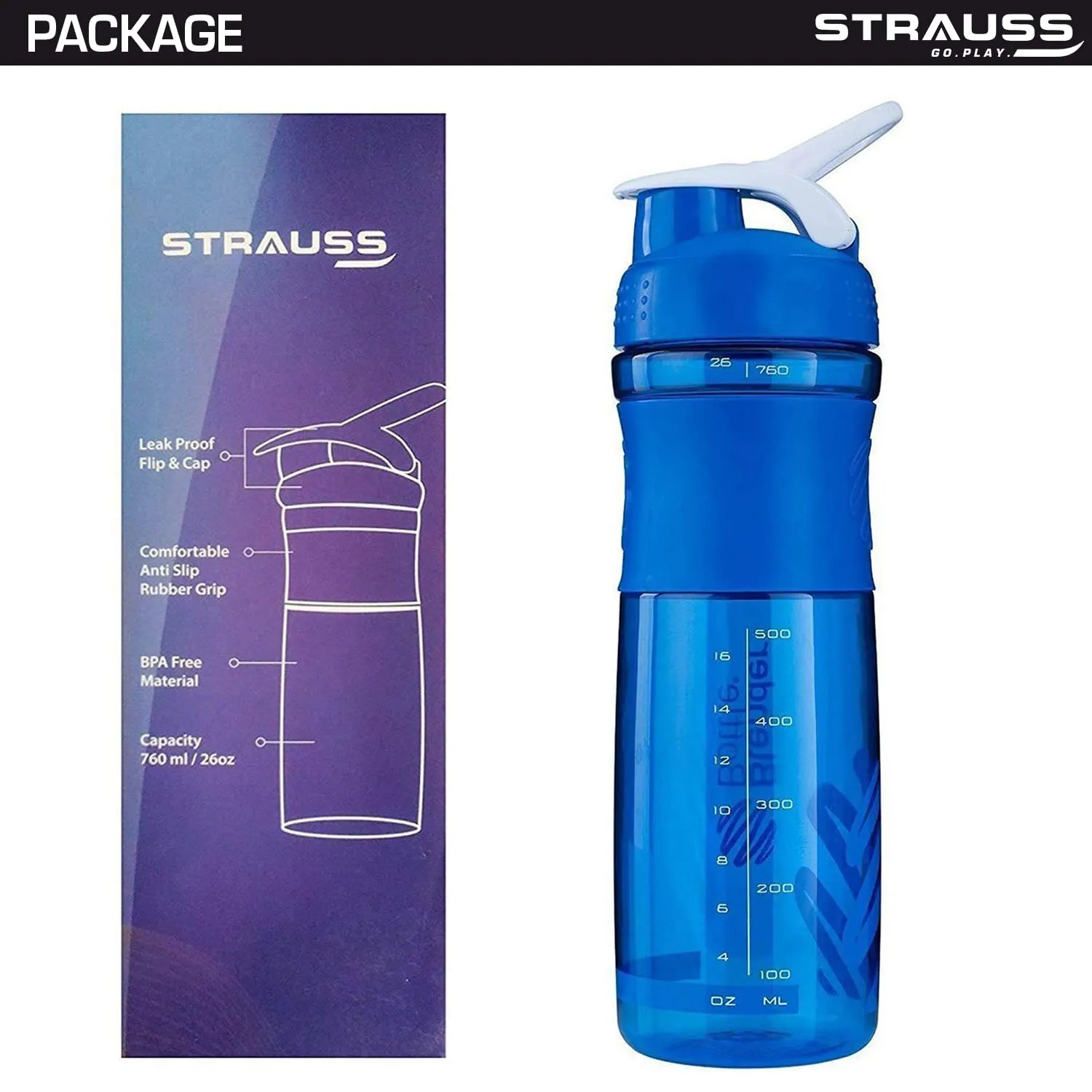 STRAUSS Blender Shaker Bottle | Leakproof Shaker Bottle for Protein Shake, Pre-workout and Bcaa Shake | Protein Shaker Bottle for Gym | Ideal for Men and Women | BPA-Free Material- 760 ML,(Blue)