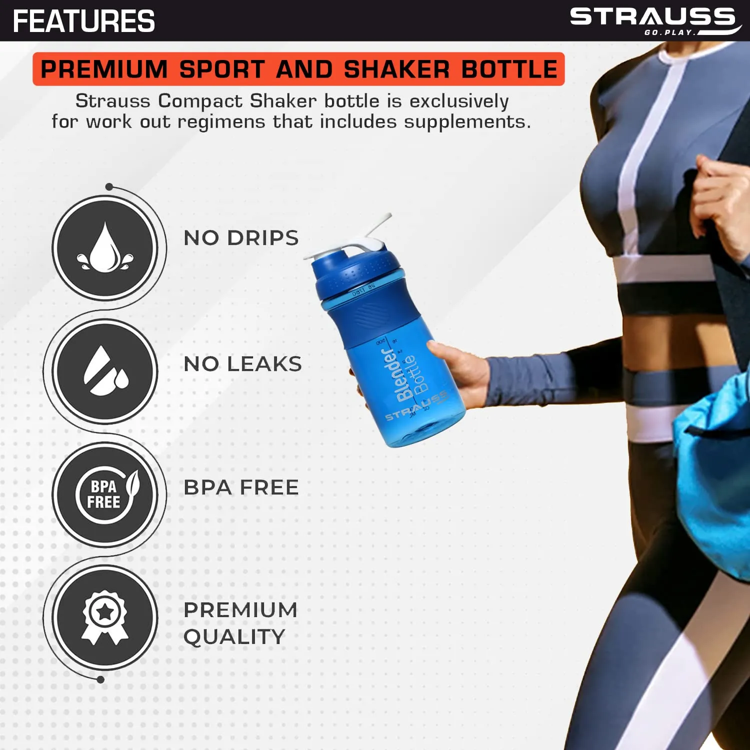 STRAUSS Blender Shaker Bottle | Leakproof Shaker Bottle for Protein Shake, Pre-workout and Bcaa Shake | Protein Shaker Bottle for Gym | Ideal for Men and Women | BPA-Free Material- 760 ML,(Blue)