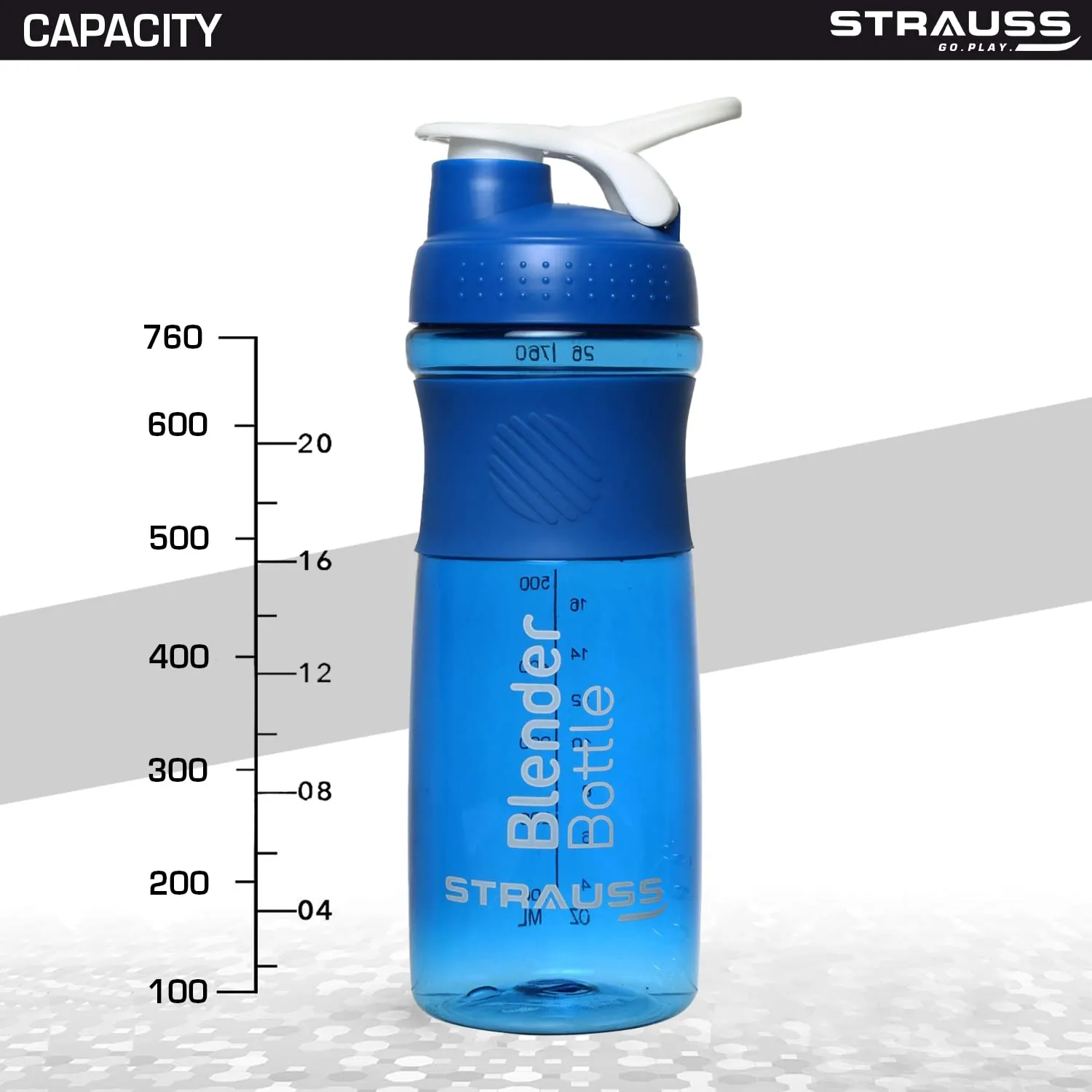 STRAUSS Blender Shaker Bottle | Leakproof Shaker Bottle for Protein Shake, Pre-workout and Bcaa Shake | Protein Shaker Bottle for Gym | Ideal for Men and Women | BPA-Free Material- 760 ML,(Blue)