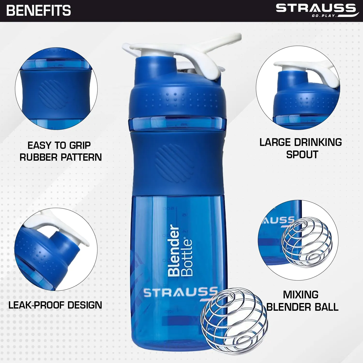 STRAUSS Blender Shaker Bottle | Leakproof Shaker Bottle for Protein Shake, Pre-workout and Bcaa Shake | Protein Shaker Bottle for Gym | Ideal for Men and Women | BPA-Free Material- 760 ML,(Blue)