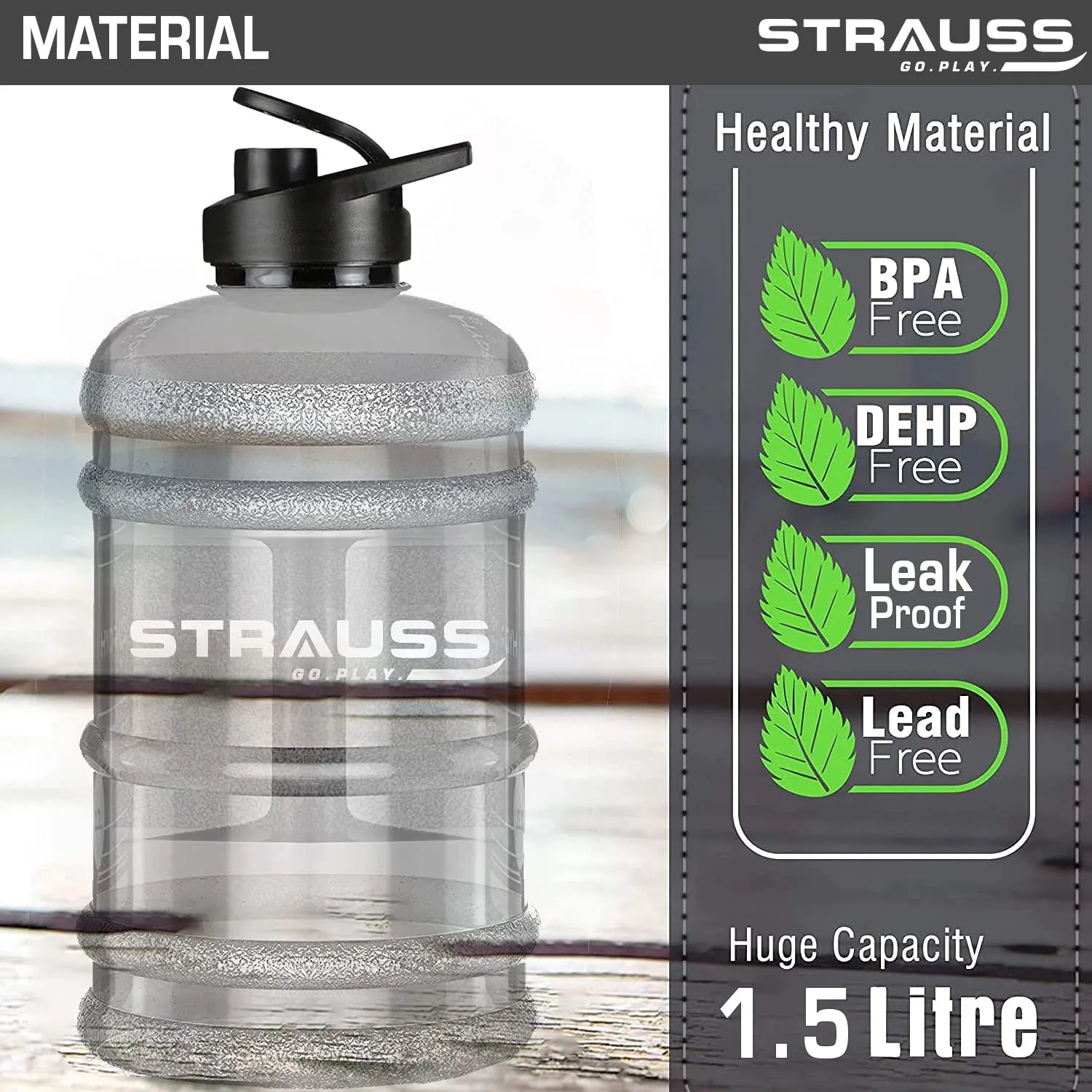 STRAUSS Gallon Shaker Water Bottle 1.5L with Mixer Ball, (Transparent, White Shade, Plastic, Pack of 1)