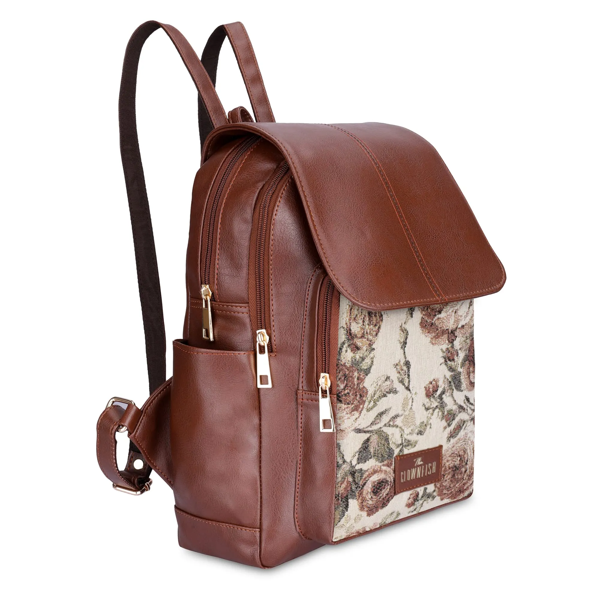 THE CLOWNFISH Medium Size Minerva Faux Leather & Tapestry Women's Standard Backpack College School Bag Casual Travel Standard Backpack For Ladies Girls (Brown- Floral), 10 Litre