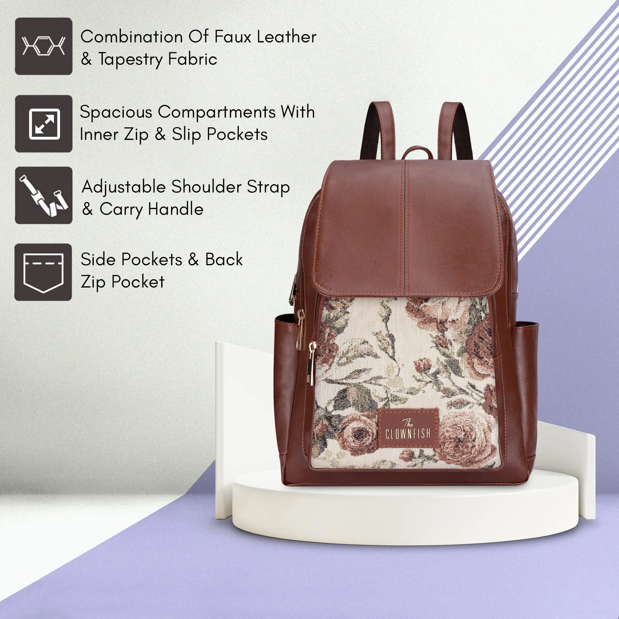 THE CLOWNFISH Medium Size Minerva Faux Leather & Tapestry Women's Standard Backpack College School Bag Casual Travel Standard Backpack For Ladies Girls (Brown- Floral), 10 Litre