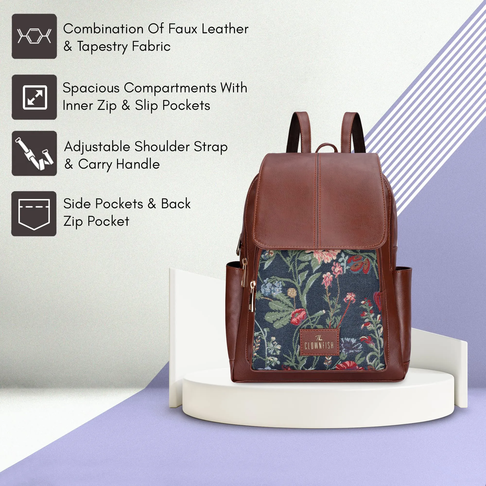 THE CLOWNFISH Minerva Faux Leather & Tapestry Women's Standard Backpack College School Bag Casual Travel Standard Backpack For Ladies Girls (Navyblue- Floral), 10 Litre