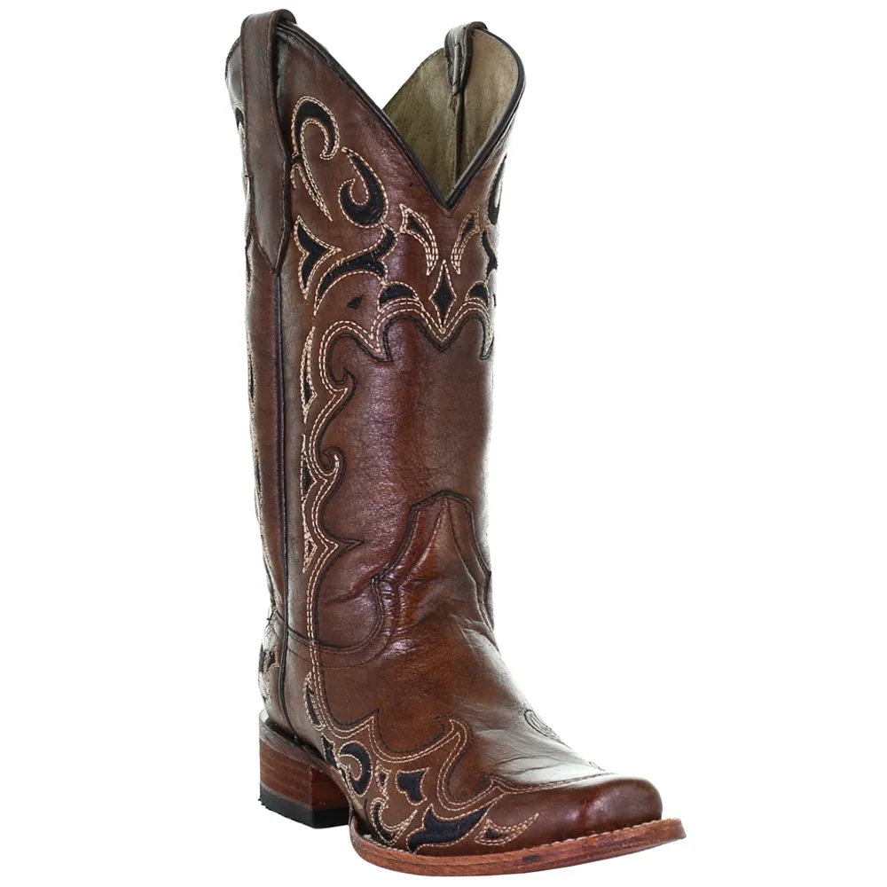 Tooled-Inlay Square Toe Cowboy Boots