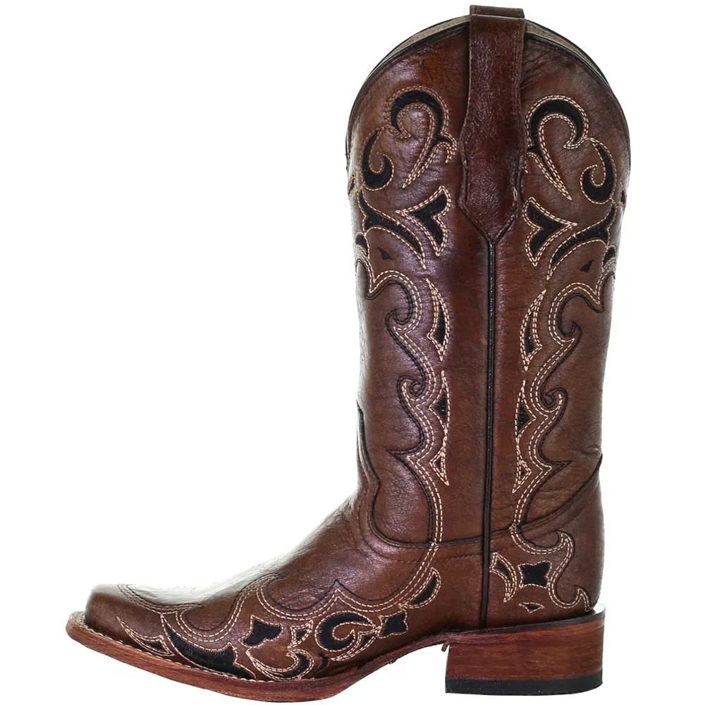 Tooled-Inlay Square Toe Cowboy Boots