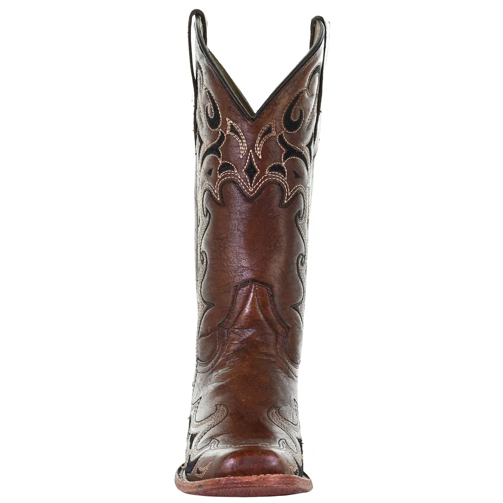 Tooled-Inlay Square Toe Cowboy Boots