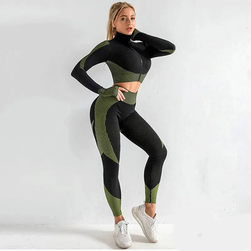 Women's Seamless Gym Leggings, Crop Zip-up Top and Sports Bra Yoga, Fitness, Gym Set